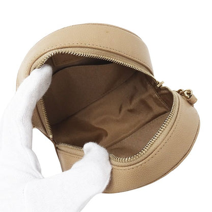 Chanel Quilted Shoulder Bag Caviar Leather Beige Gold Chain Pouch Round