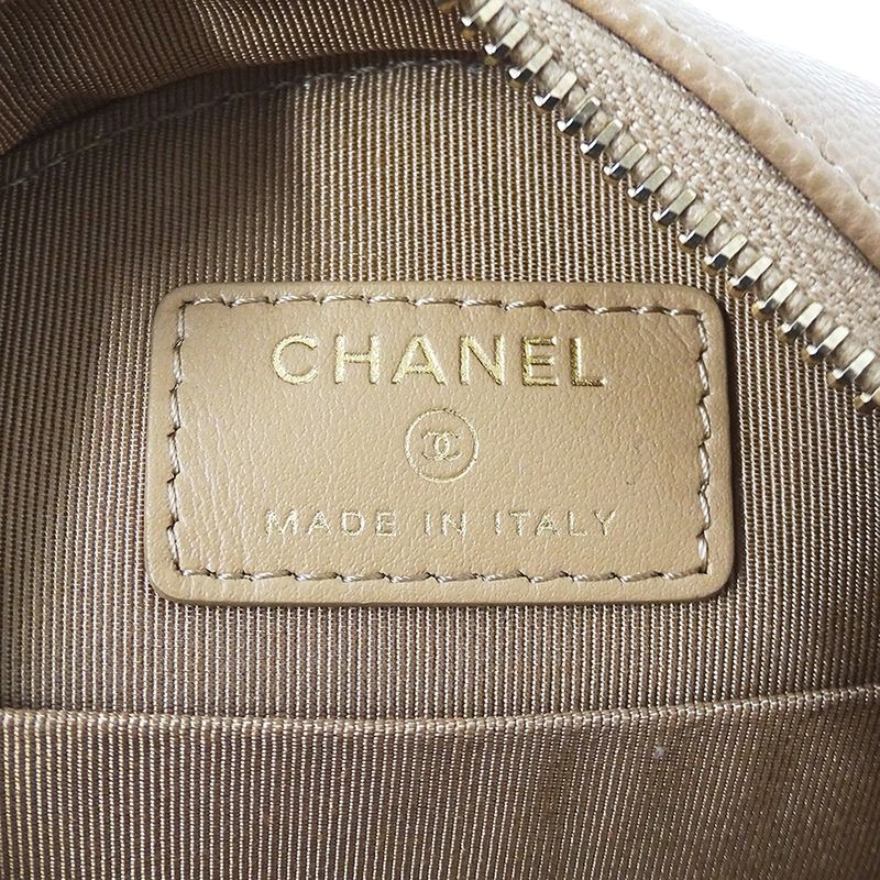Chanel Quilted Shoulder Bag Caviar Leather Beige Gold Chain Pouch Round
