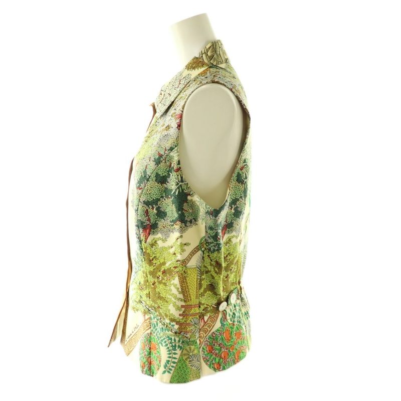 Hermes Floral Sleeveless Blouse Shirt 40 Cream Multicolor ES