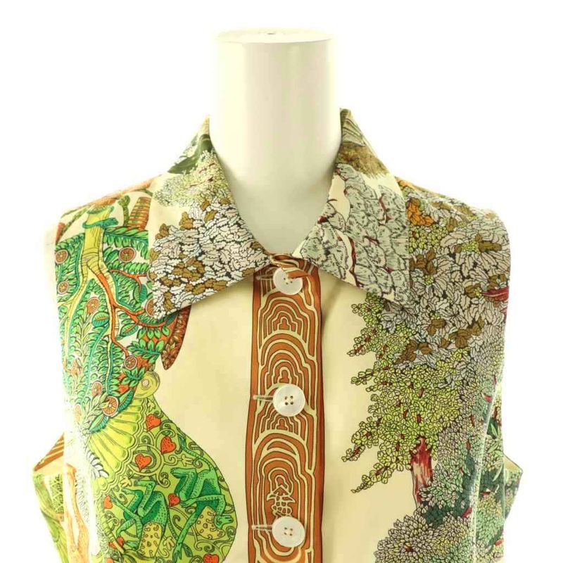 Hermes Floral Sleeveless Blouse Shirt 40 Cream Multicolor ES