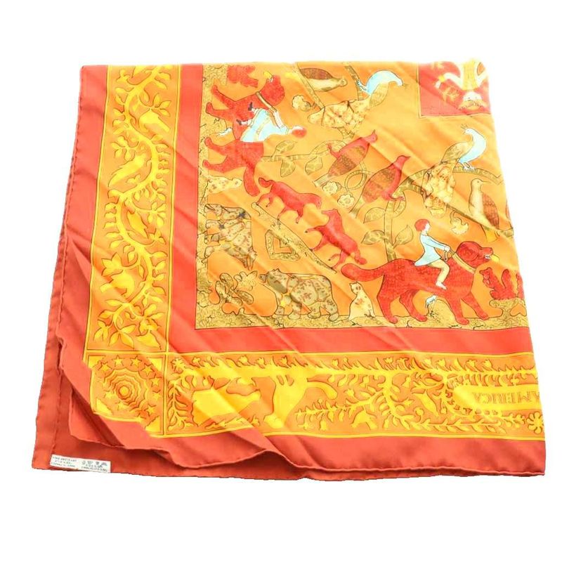 Hermes Old America Early Silk Large Shawl Multicolor Orange Gold SS Scarf