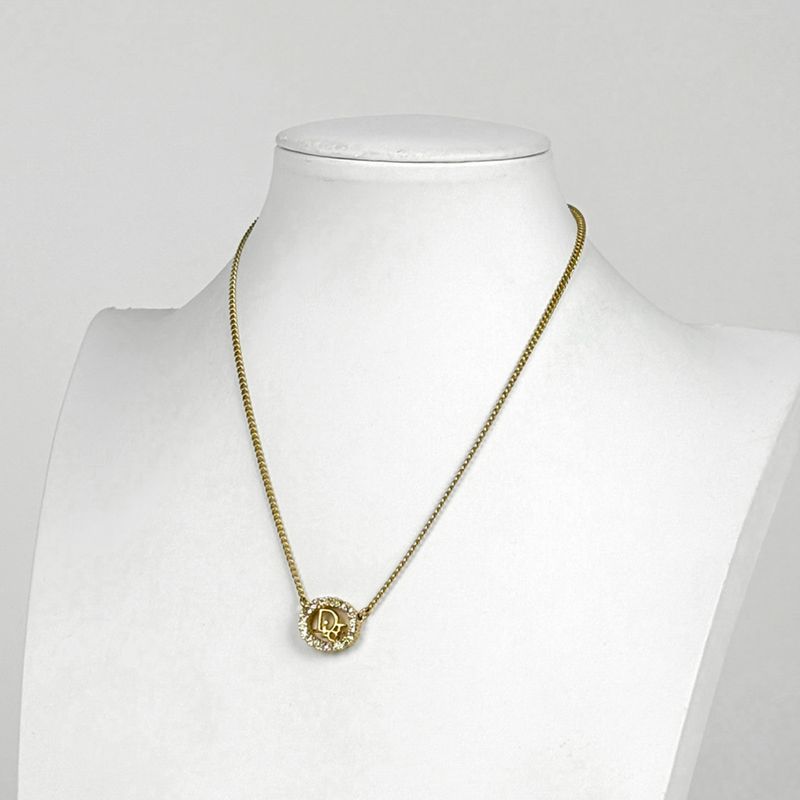Dior Logo Rhinestone Necklace Gold Plated