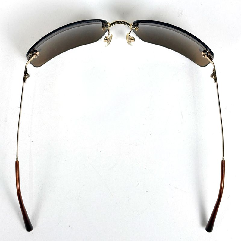 Chanel CC Logo Rhinestone Sunglasses Rimless Metal Gold Brown Eyewear
