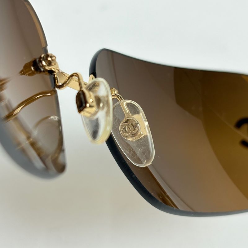 Chanel CC Logo Rhinestone Sunglasses Rimless Metal Gold Brown Eyewear