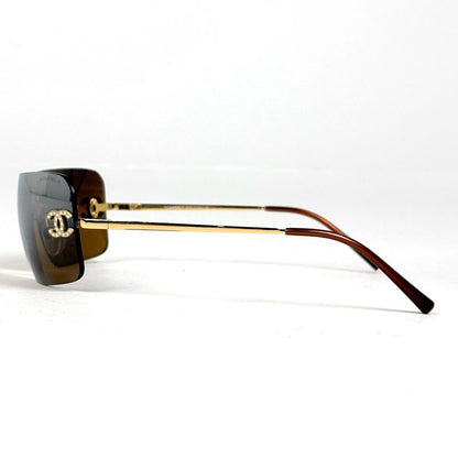 Chanel CC Logo Rhinestone Sunglasses Rimless Metal Gold Brown Eyewear