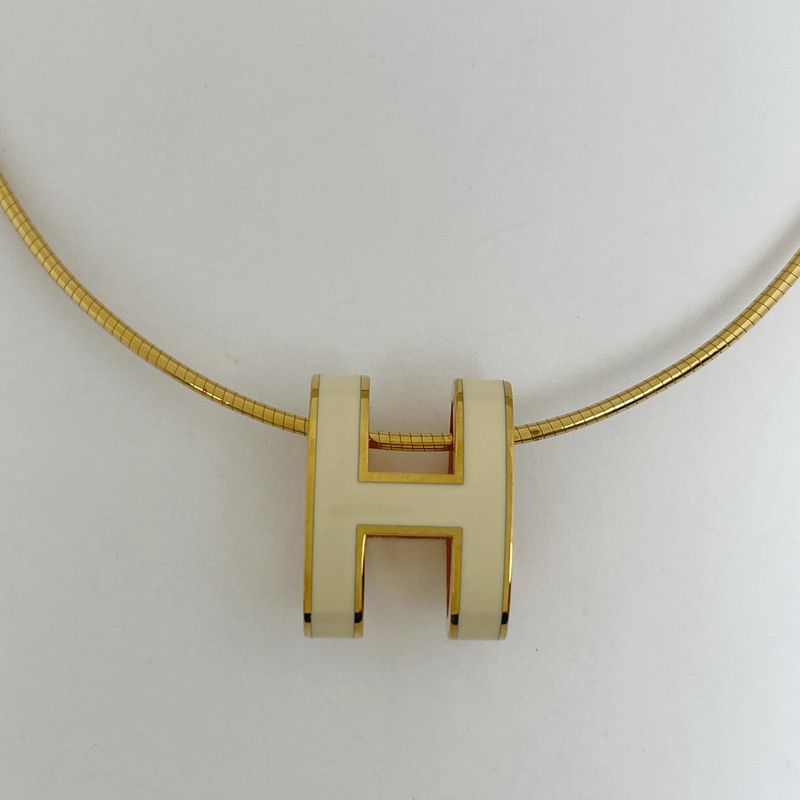 Hermes Pop Necklace Logo Gold Plated White