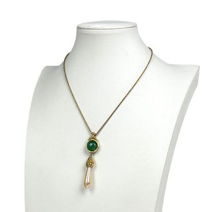 Dior Faux Pearl Necklace Color Stone Gold Plated Green