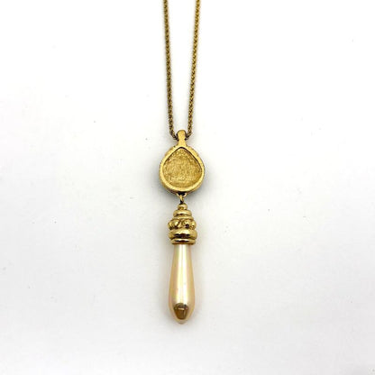 Dior Faux Pearl Necklace Color Stone Gold Plated Green