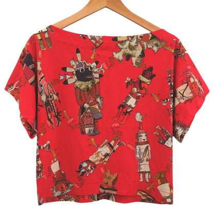 Hermes Kachinas Boatneck Raglan Sleeve 38 Cotton Red Black Brown Short T-Shirt