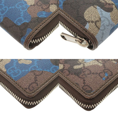 Gucci GG Camouflage Pattern Blue Beige Zip Around Wallet