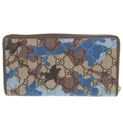 Gucci GG Camouflage Pattern Blue Beige Zip Around Wallet
