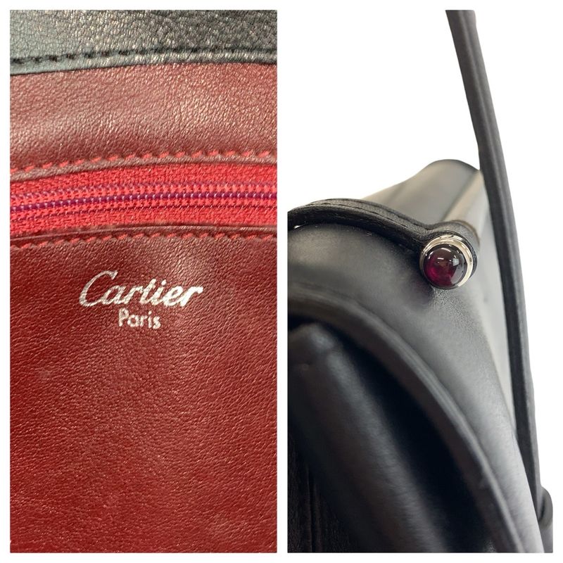 Cartier Cabochon Black Wine Red Silver Leather Handbag