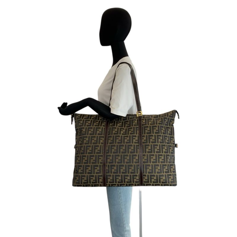 Fendi Zucca Brown Gold Canvas Leather Tote Shoulder Bag