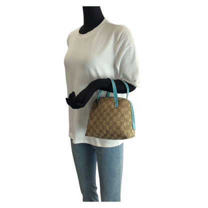 Gucci Beige Light Blue GG Canvas Leather Handbag Pouch Vanity