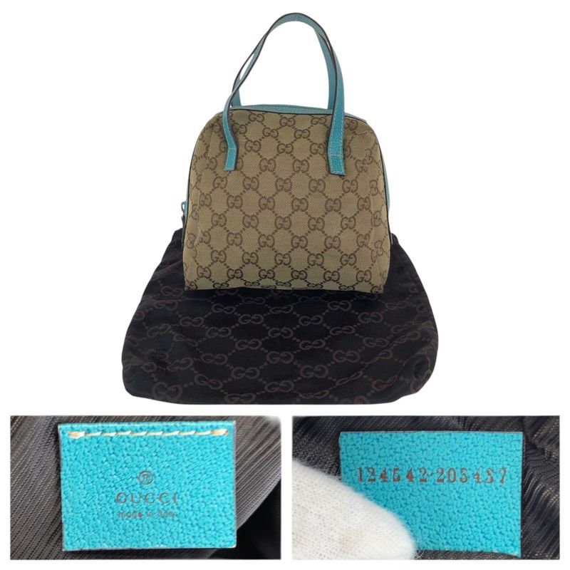 Gucci Beige Light Blue GG Canvas Leather Handbag Pouch Vanity