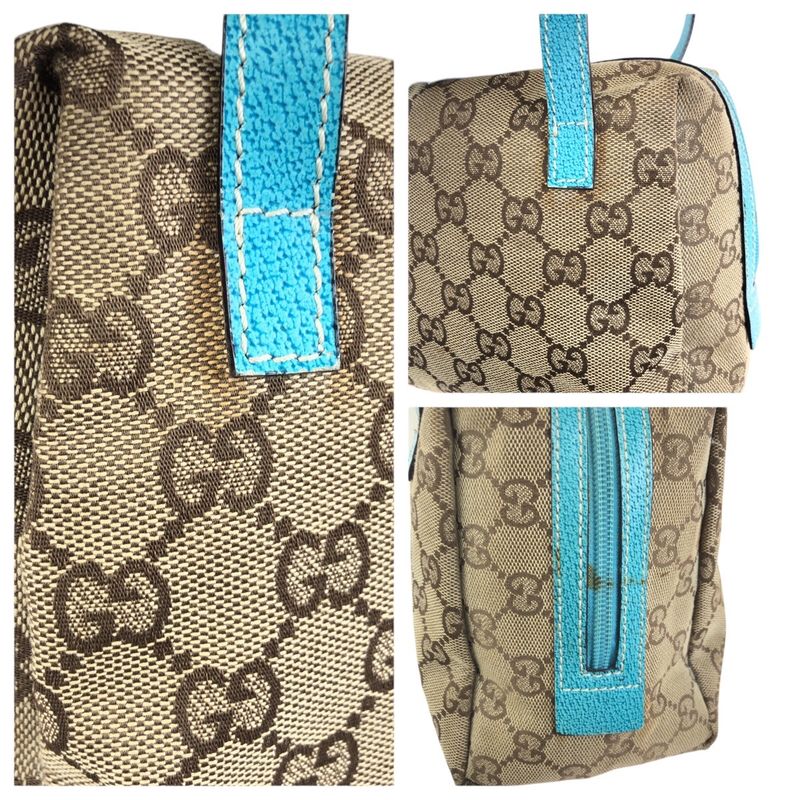 Gucci Beige Light Blue GG Canvas Leather Handbag Pouch Vanity