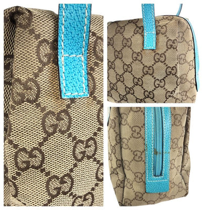 Gucci Beige Light Blue GG Canvas Leather Handbag Pouch Vanity