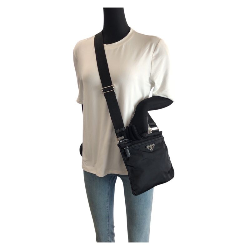 Prada Tessuto Black Silver Nylon Shoulder Bag
