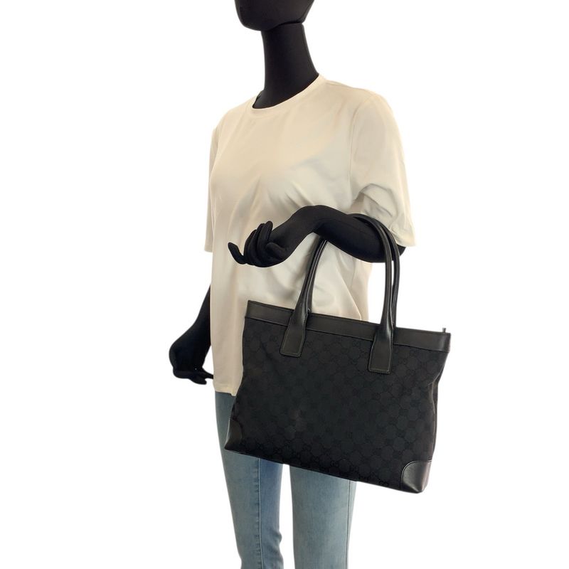 Gucci Black Silver GG Canvas Leather Tote