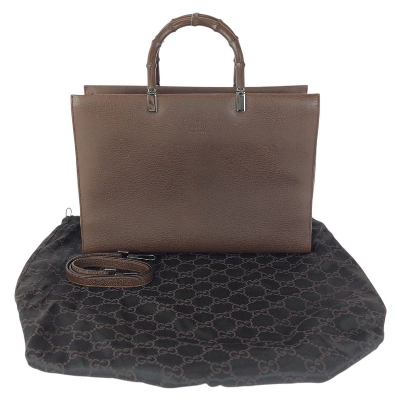 Gucci Bamboo 2-Way Brown Gunmetal Leather 002 Tote Shoulder Bag