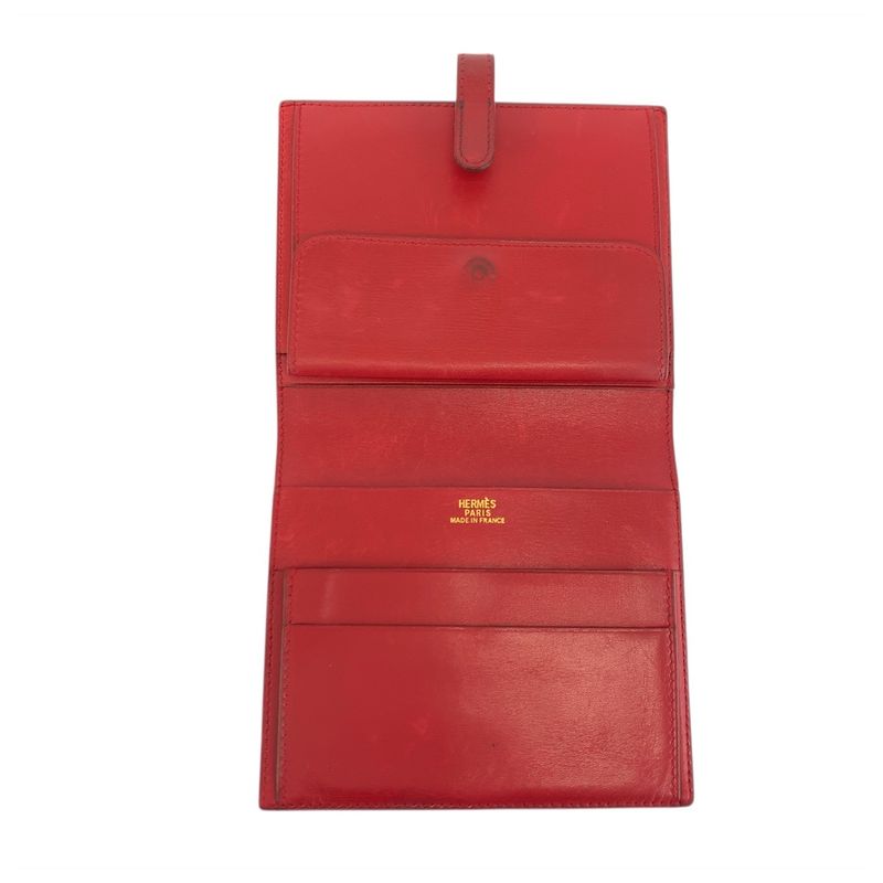 Hermes Saumur Red Gold Leather Compact Wallet ◯