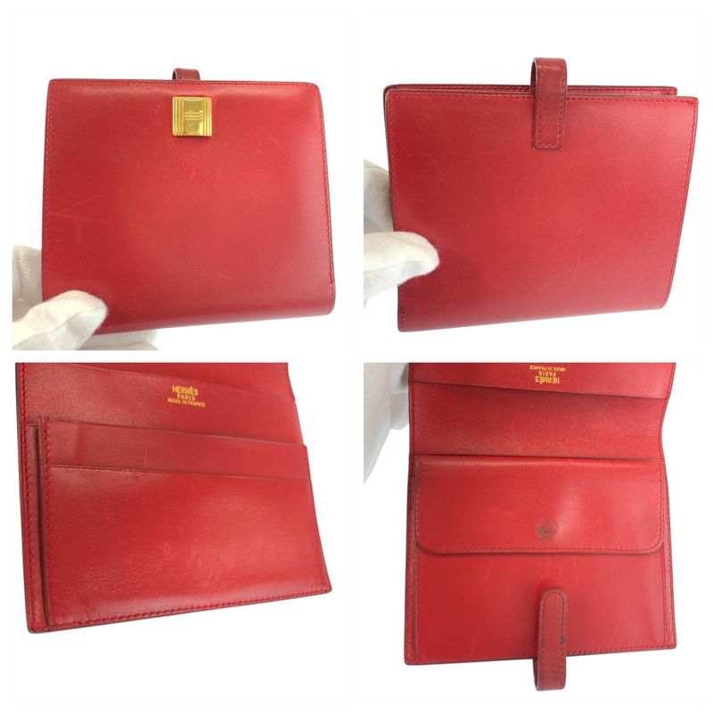 Hermes Saumur Red Gold Leather Compact Wallet ◯