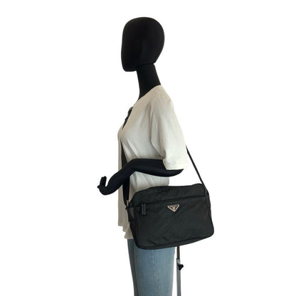 Prada Tessuto Black Silver Nylon Shoulder Bag Pochette