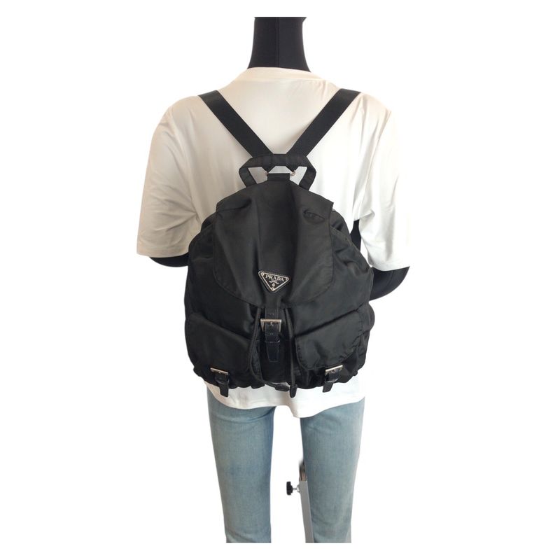 Prada Tessuto Black Silver Nylon Leather Backpack