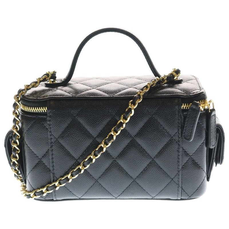 Chanel Quilted CC Logo Caviar Leather Chain Clutch Vanity Shoulder Bag Black