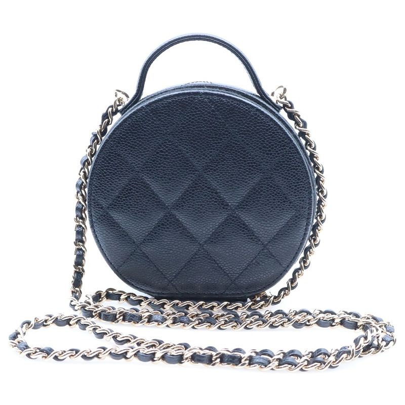 Chanel Quilted Round Chain Shoulder Bag Caviar Leather Black