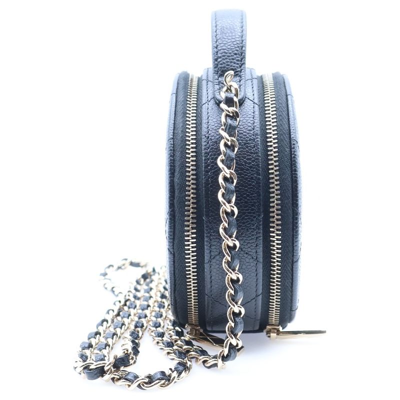 Chanel Quilted Round Chain Shoulder Bag Caviar Leather Black