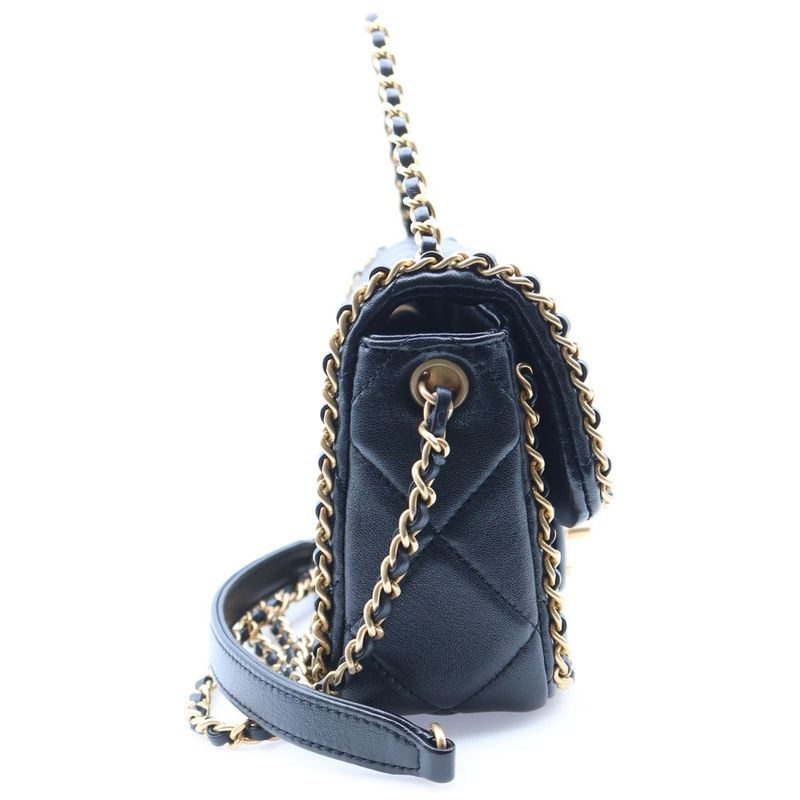 Chanel Quilted Chain Around Mini Flap Leather 2-Way Bag Gold Black