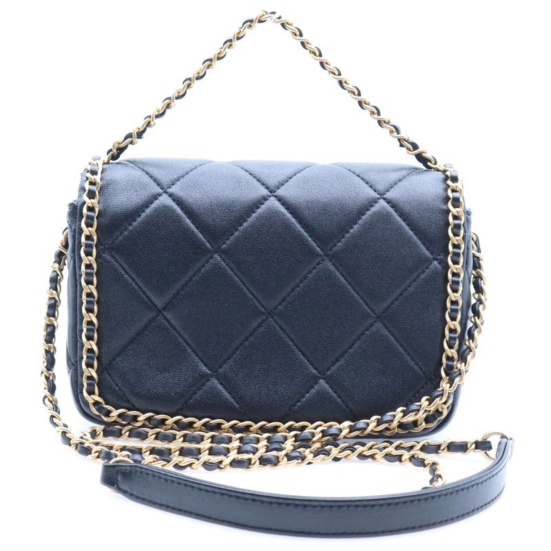 Chanel Quilted Chain Around Mini Flap Leather 2-Way Bag Gold Black