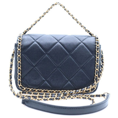 Chanel Quilted Chain Around Mini Flap Leather 2-Way Bag Gold Black