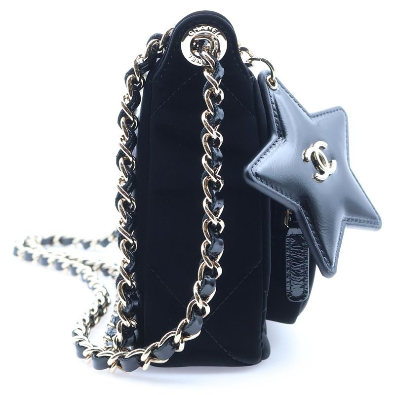 Chanel Quilted Coconage Chain Clutch Velvet Effect Nylon Shoulder Bag Gold Black