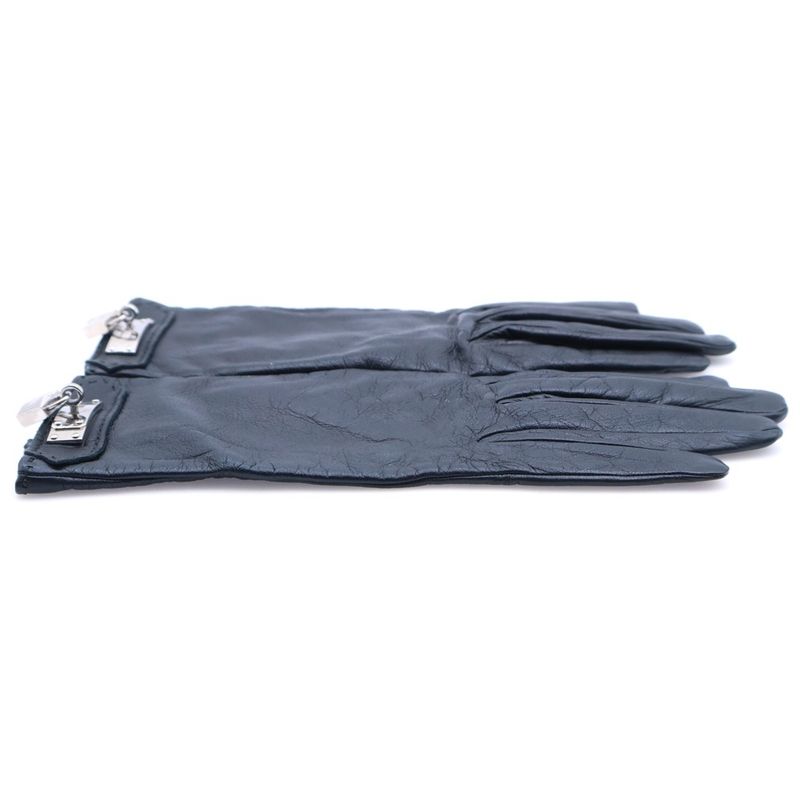 Hermes Kelly Leather Gloves Black Silver 7