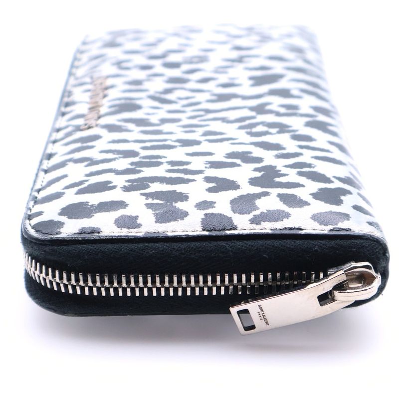Saint Laurent Yves Zip Around Wallet Card Case Black White Leopard Leather