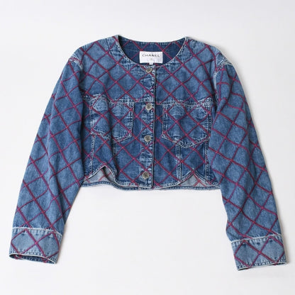 Chanel Collarless Denim Jacket CC Logo Stitch Blue