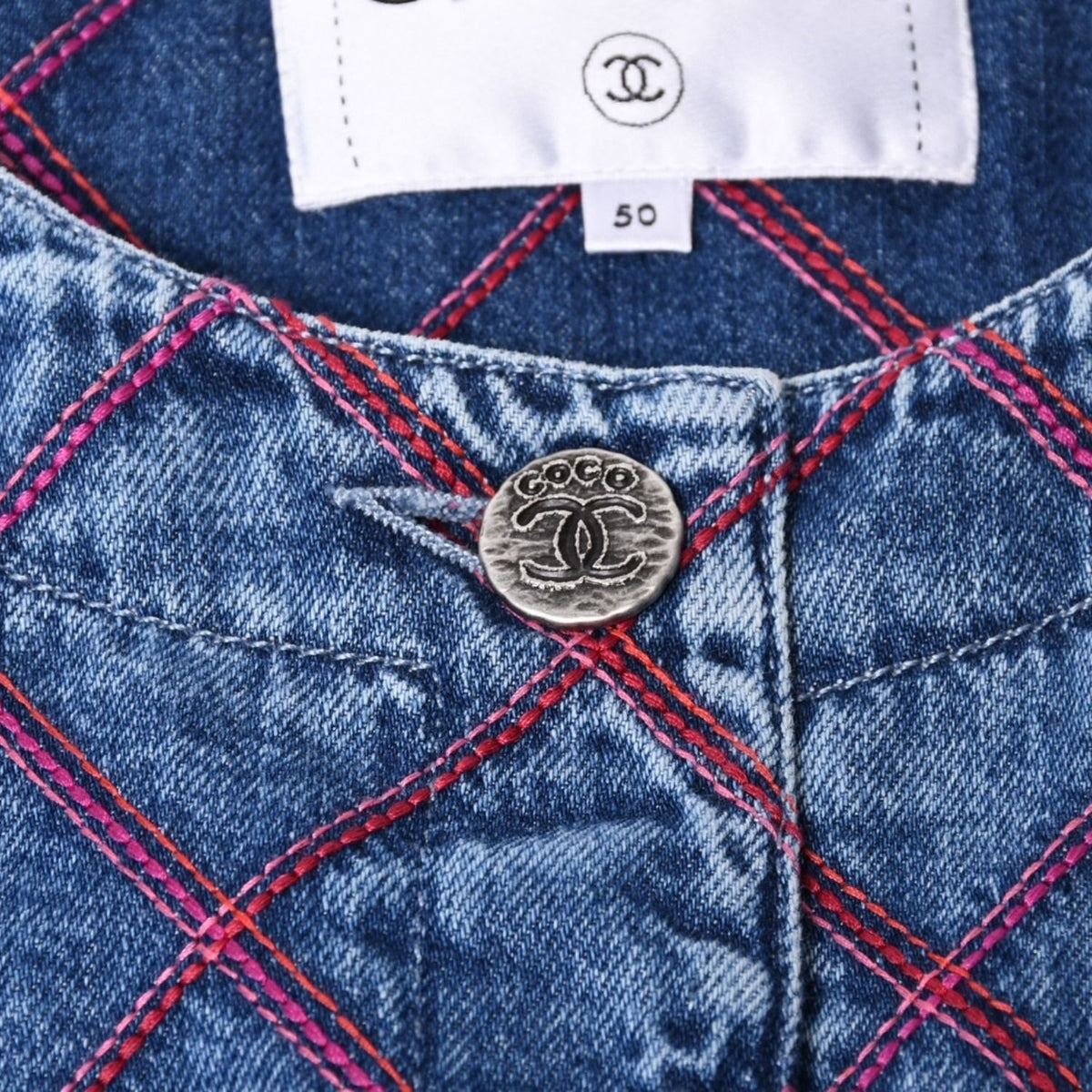Chanel Collarless Denim Jacket CC Logo Stitch Blue — view 4