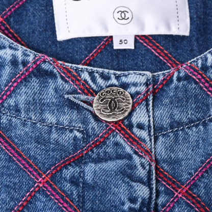 Chanel Collarless Denim Jacket CC Logo Stitch Blue — view 4