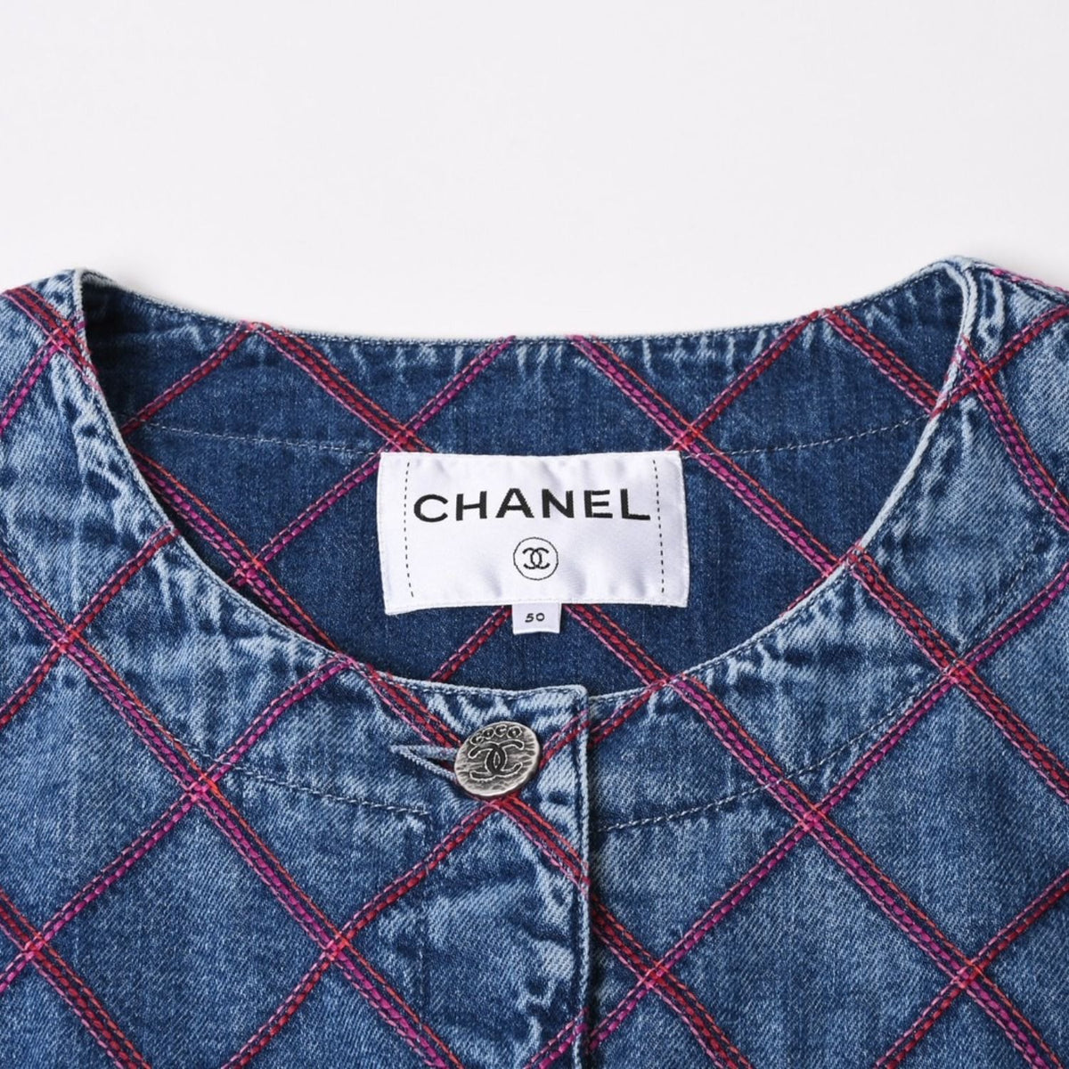 Chanel Collarless Denim Jacket CC Logo Stitch Blue — view 3