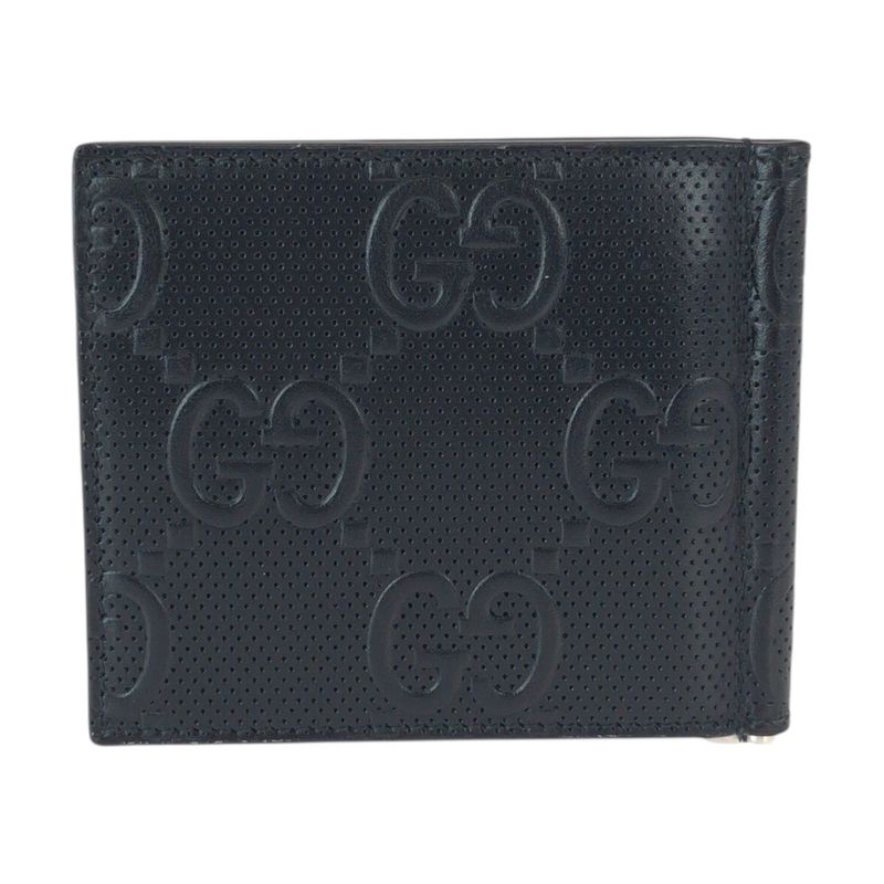 Gucci GG Embossed Black Silver Leather Money Clip Card Case
