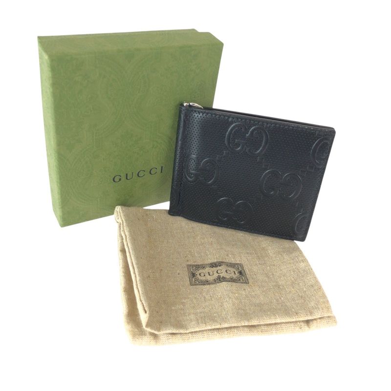 Gucci GG Embossed Black Silver Leather Money Clip Card Case