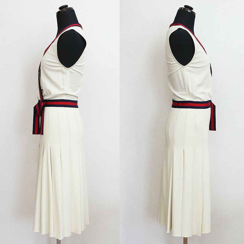 Gucci Dress Sherry Ribbon Pleats Ivory XS Sleeveless Skirt