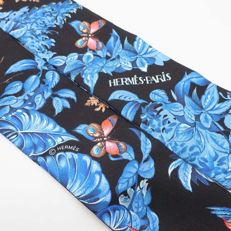 Hermes Twilly Equatorial Silk Black Blue Animal Multi Scarf