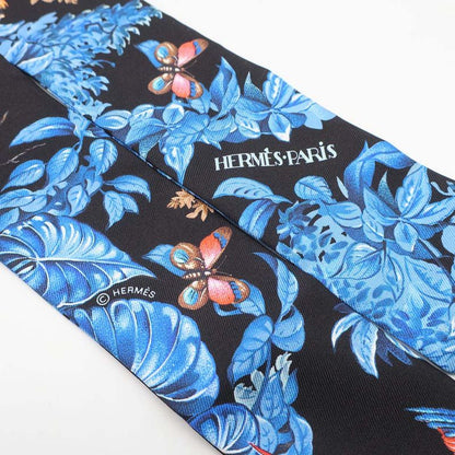 Hermes Twilly Equatorial Silk Black Blue Animal Multi Scarf