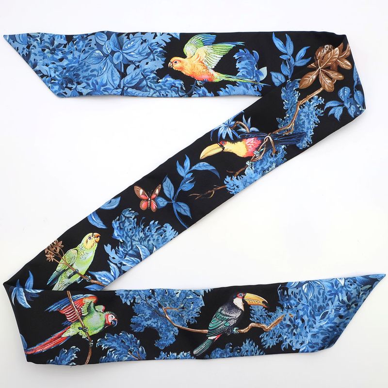 Hermes Twilly Equatorial Silk Black Blue Animal Multi Scarf