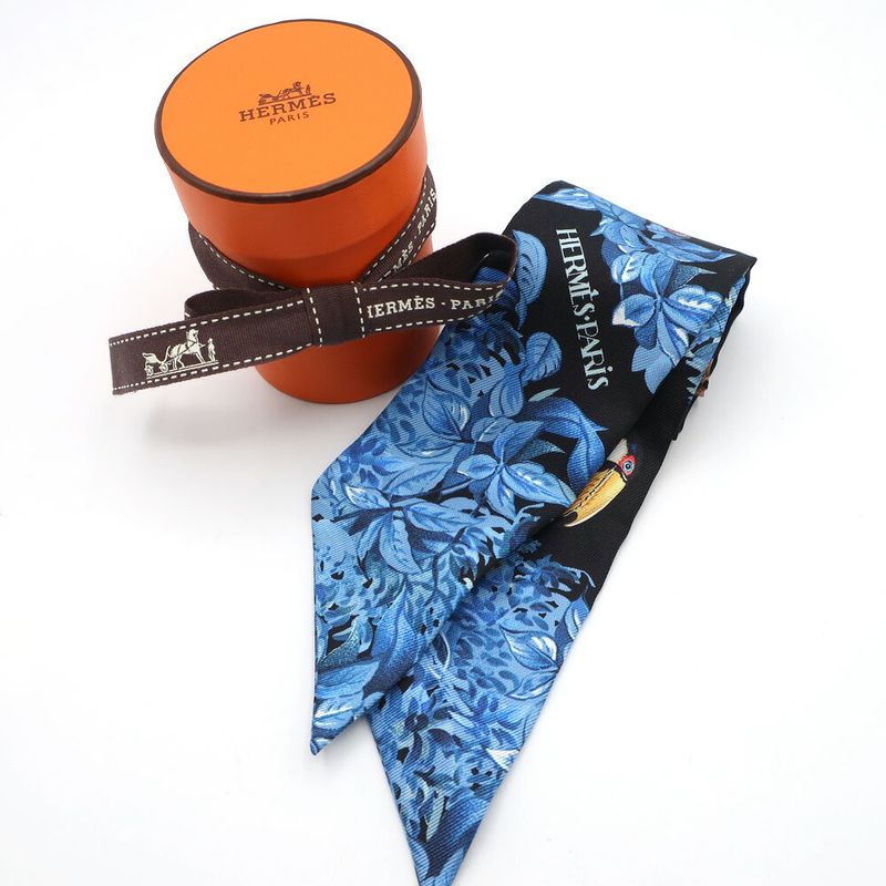 Hermes Twilly Equatorial Silk Black Blue Animal Multi Scarf