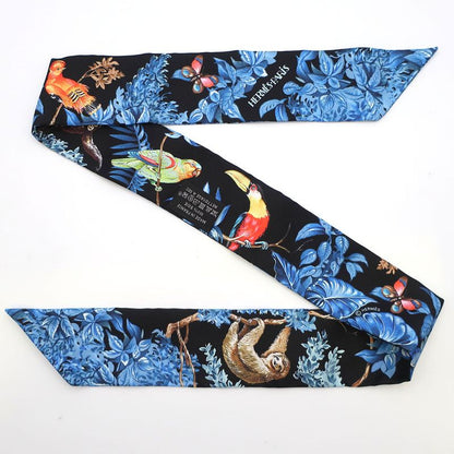 Hermes Twilly Equatorial Silk Black Blue Animal Multi Scarf