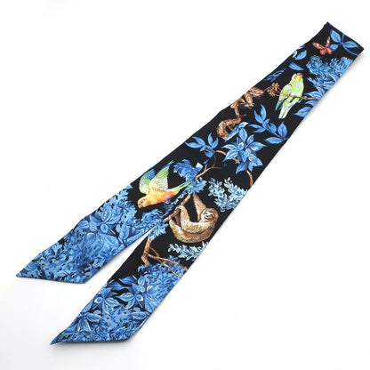 Hermes Twilly Equatorial Silk Black Blue Animal Multi Scarf